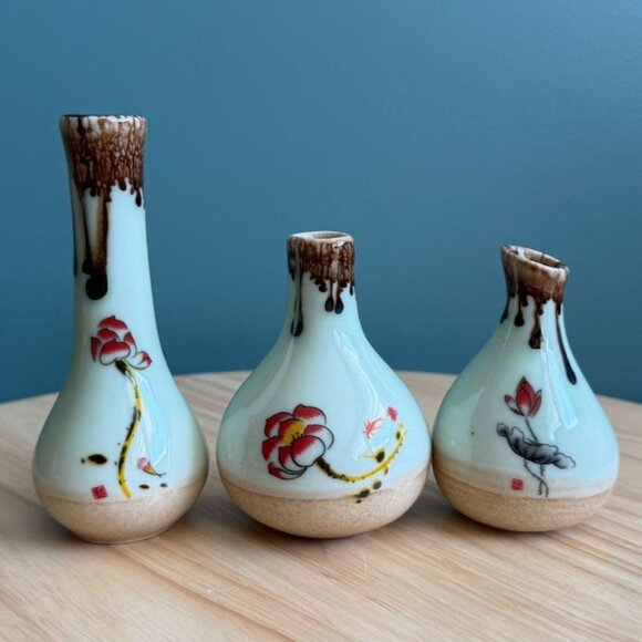 3 Vintage Asian Satsuma Vases Hand-Painted Ceramic Miniature Floral Neutrals - Picture 3 of 9